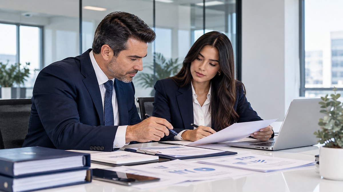 Asesores empresariales analizando documentos con una clienta