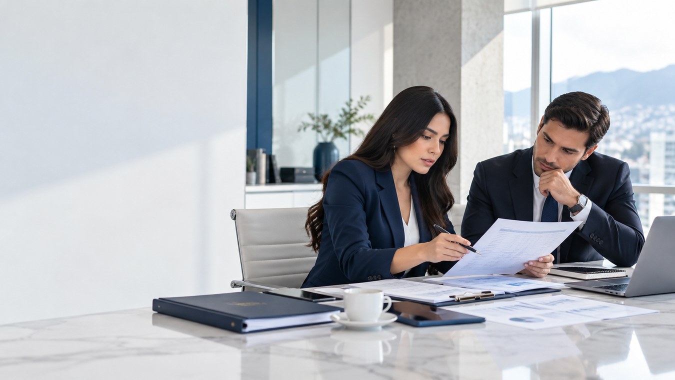 Dos profesionales revisando información financiera de una empresa en una oficina luminosa