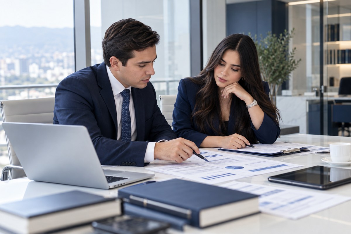 Profesionales revisando estados financieros para una revisoría fiscal